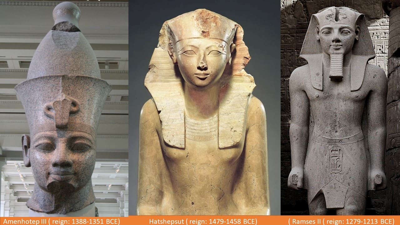 Famous statues of Amenhotep III, Hatsheput and Ramses the Great - Important Rulers of Egypt