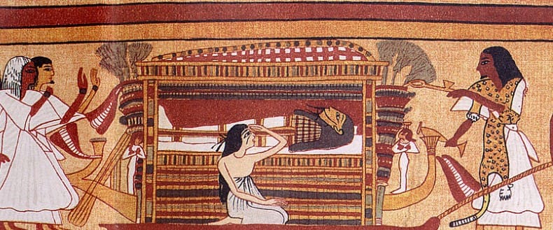 An ancient Egyptian funeral procession depicted in the Book of the Dead - from the funeray papyrus of Ani. ni's mummy is carried in the funeral procession. At the far right are the oxen pulling the bier on its sledge and the men guiding the procession, followed by a funerary priest. Next to the bier is Ani's grieving wife Tutu; on each side are small figures of Isis and Nephthys. Behind the bier are male mourners. At the far left, men pull the box containing the canopic jars while others carry goods to be placed in the tomb.